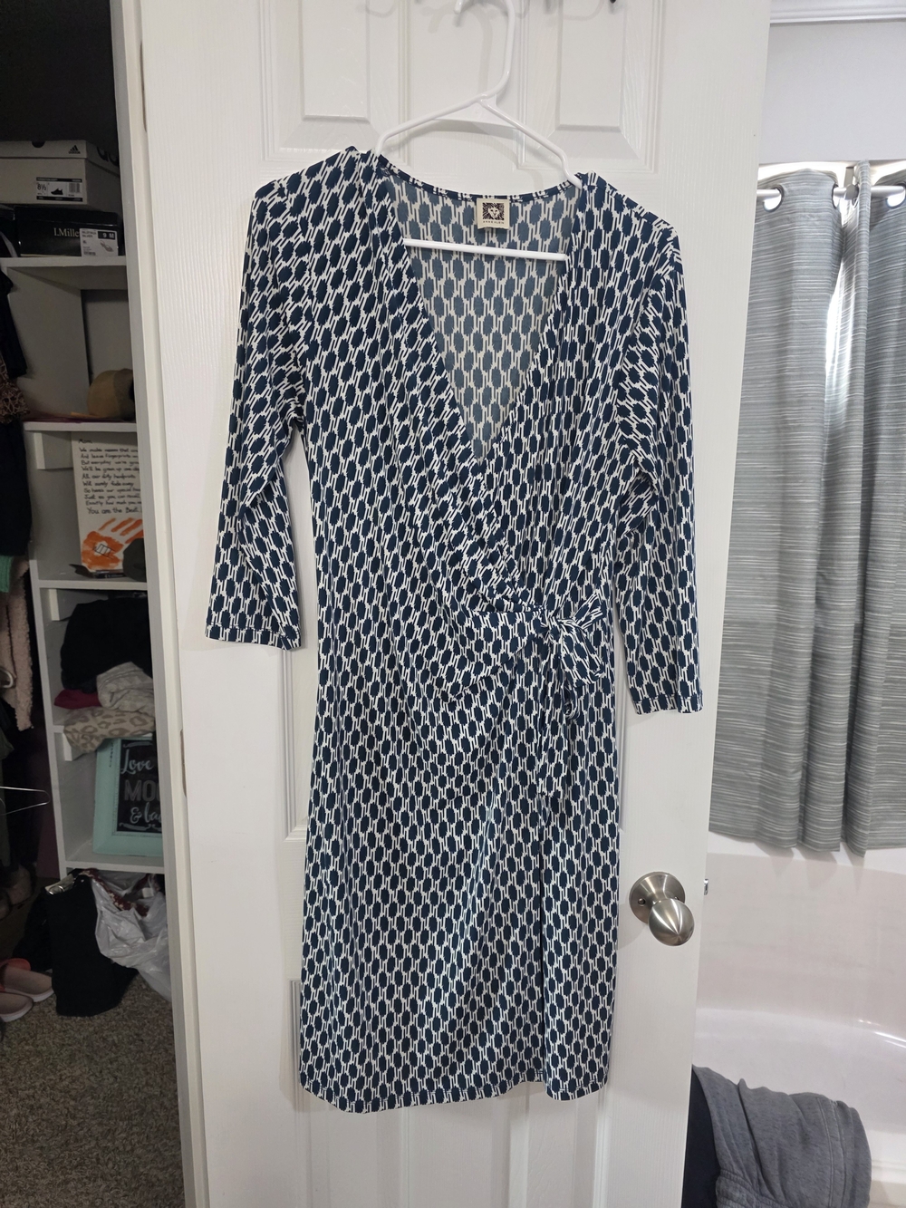 Anne Klein Teal & White Geometric Wrap Dress with Tie Waist